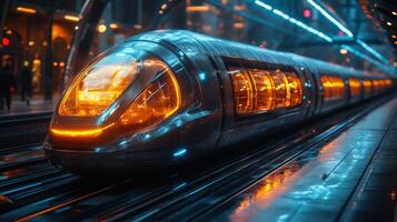 High tech smart train waits at a futuristic urban station, showcasing advanced automation and infrastructure designed for efficient transportation and mobility solutions photo