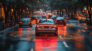Multiple vehicles navigate a busy urban roadway, illuminated by colorful city lights and showcasing advanced connectivity technologies. The atmosphere reflects a blend of innovation and mobility. photo