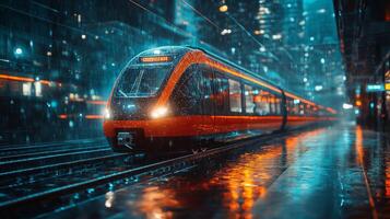 A sleek autonomous train moves smoothly on tracks, illuminated by city lights, while rain creates reflective patterns on the wet surfaces, emphasizing modern transportation solutions. photo