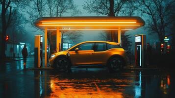 A bright electric vehicle charging station stands out on a rainy night, with a sleek car plugged in, showcasing advanced infrastructure and sustainable mobility options in a vibrant city. photo