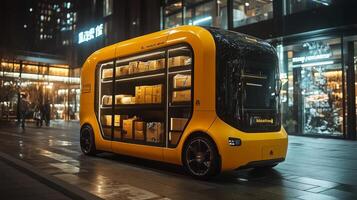 A yellow autonomous delivery vehicle is parked in a busy urban area, displaying packages inside its windows, highlighting advancements in transportation and last mile solutions. photo
