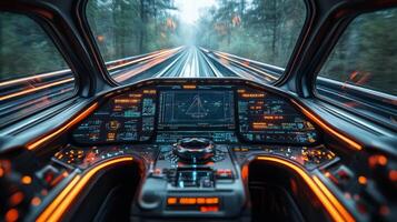 Inside the cockpit of a high tech smart train, advanced interfaces illuminate, highlighting a cutting edge control system focused on optimizing logistics and transportation. photo