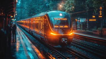 A high tech train equipped with automation technology arrives at a bustling urban station under dim lighting. Passengers wait on the platform, highlighting modern transportation infrastructure. photo