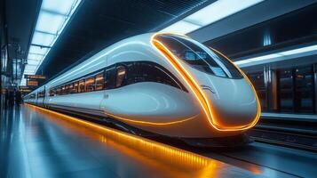 A sleek smarttrain equipped with cutting edge automation features waits at a bustling transportation hub, reflecting advancements in logistics, mobility, and infrastructure design. photo