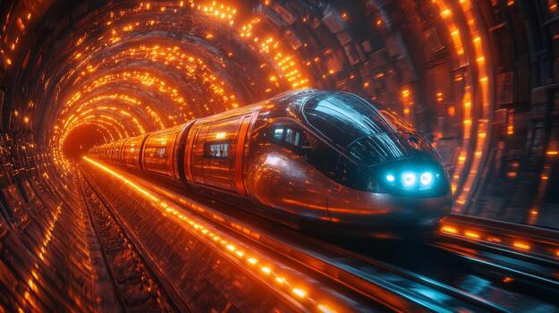 un avanzado automatizado tren se desliza suavemente mediante un futurista túnel lleno con brillante luces, representando el siguiente Generacion de transporte infraestructura y movilidad automatización. foto