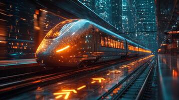 A sleek train travels through an illuminated urban landscape, showcasing cutting edge transportation technology and automated systems designed for efficient mobility. photo