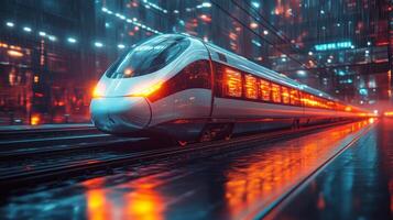 A smart train moves swiftly along tracks in a neon lit city during rain, showcasing advanced design and automation in public transportation and infrastructure. photo