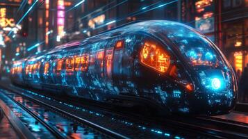 A smarttrain designed with cutting edge technology stands on tracks illuminated by city lights. The exterior features glowing patterns, symbolizing automation and connectivity in urban mobility. photo