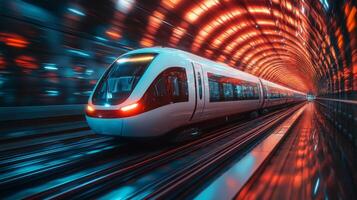 A sleek smarttrain travels swiftly through a vibrant tunnel illuminated by dynamic lights. This automated transport system exemplifies advances in logistics and urban mobility. photo