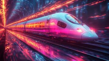 A sleek smart train travels rapidly through a glowing tunnel, illuminated by colorful lights reflecting off the tracks, highlighting the future of logistics and mobility technology. photo