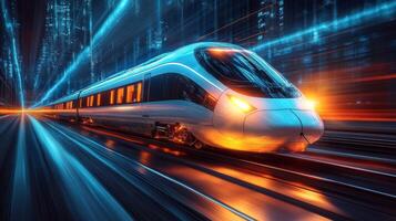 A sleek, high speed train travels rapidly along illuminated tracks in a modern urban landscape during twilight, showcasing advanced mobility and automation technologies in transportation. photo