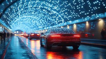 Autonomous vehicles navigate through a vibrant tunnel adorned with lights, highlighting innovations in logistics and smart transportation solutions focused on connectivity and mobility. photo
