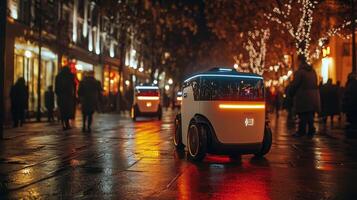 Two autonomous delivery robots move along a crowded urban street illuminated by festive lights, demonstrating advanced logistics and mobility solutions during nighttime activity. photo