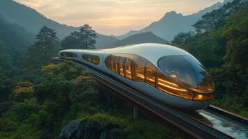 A futuristic smart train glides smoothly along raised tracks in a lush mountainous region as the sun sets, showcasing advanced automation and elegant design amidst vibrant nature. photo