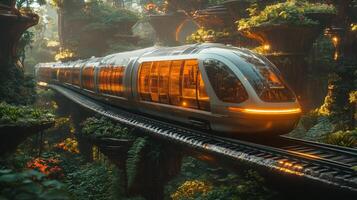 A smarttrain glides smoothly along elevated tracks surrounded by vibrant greenery, showcasing cutting edge automation and a futuristic transportation model in an eco friendly setting. photo