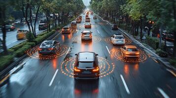 Modern vehicles equipped with advanced sensors navigate a smartroad, showcasing the impact of connectivity and automation on urban infrastructure and mobility. photo