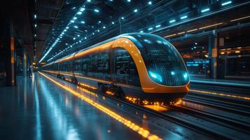 The smarttrain stands ready on the platform, showcasing its sleek design and advanced automation. The environment features a well lit, sophisticated transport hub emphasizing modernity and efficiency. photo