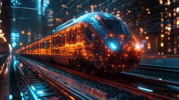 A futuristic train equipped with glowing digital patterns moves along railway tracks in a city. The scene highlights innovations in transportation and automation technology. photo