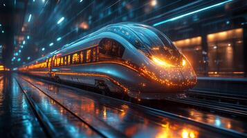 A sleek smart train glides along illuminated tracks in a vibrant urban setting while rain softly falls, showcasing advanced automation and innovative transportation solutions for modern mobility. photo