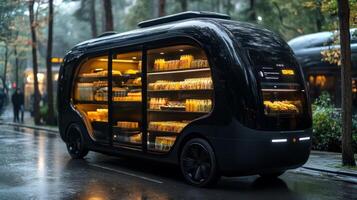 An autonomous delivery vehicle is parked on a city street, showcasing various fresh food items in sleek, illuminated compartments, surrounded by lush greenery and urban structures. photo