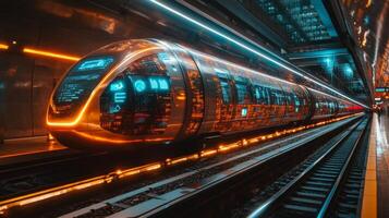 A sleek autonomous smarttrain is stationed in a cutting edge urban transport hub. Bright lights illuminate the train and surroundings, highlighting innovative technology integration. photo