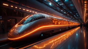 A sleek high speed train is stationed at a contemporary transport hub, illuminated by bright lights. Passengers and automated systems enhance mobility and efficiency in transportation. photo