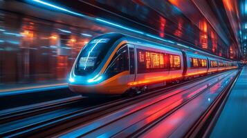 A smarttrain glides seamlessly along tracks within a bustling urban transportation hub, showcasing advanced automation and AI technology that revolutionizes mobility and infrastructure. photo