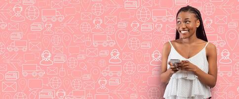 A satisfied buyer smiles while using a smartphone to shop online. The background features various icons related to e-commerce and delivery services, creating a vibrant atmosphere for commerce. photo
