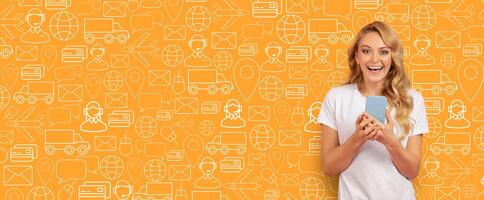 A delighted buyer browses an online store using a smartphone, surrounded by a vibrant background filled with delivery icons and shopping symbols, representing modern commerce. photo