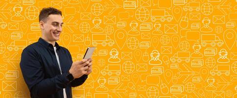 A customer happily interacts with a smartphone app for making purchases online. The bright background features icons representing e-commerce and delivery services. photo