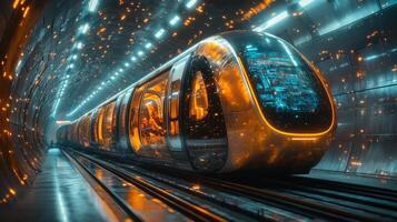 A smarttrain equipped with cutting edge technology moves through an illuminated tunnel, showcasing automation and mobility capabilities while passengers enjoy a seamless travel experience. photo