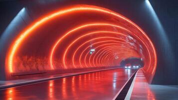 A futuristic tunnel illuminated with red lighting showcases advanced sensor technology for autonomous vehicles, promoting efficient transportation and connectivity in smart infrastructure. photo