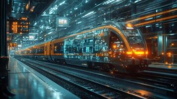 An advanced smarttrain operates at a bustling urban transport hub, illuminated by bright digital displays, highlighting its automation and AI technology during nighttime. photo