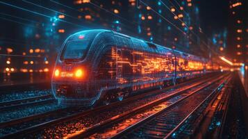 A smarttrain is traveling along tracks in a futuristic urban environment illuminated by dazzling neon lights, demonstrating advanced logistics and automated mobility technologies. photo