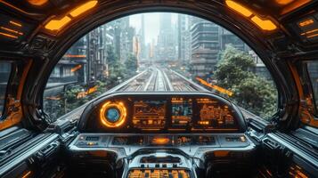 Futuristic control system provides real time data on urban transit networks. Automated trains operate seamlessly within a thriving metropolis under a digital skyline. photo