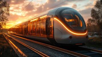 A cutting edge smart train travels along railway tracks at sunset, exemplifying advancements in autonomous mobility and control systems within modern transportation infrastructure. photo
