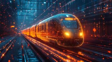 A cutting edge smart train travels along illuminated tracks in a bustling city, emphasizing automation and advanced control systems for efficient mobility and infrastructure. photo