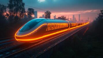 A futuristic smarttrain moves along the tracks in a city setting at dusk, illuminated with vibrant lights. The train represents advancements in automation and transportation infrastructure. photo