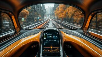 View from inside a modern autonomous train showcasing advanced control systems and seamless mobility along a picturesque railway surrounded by vibrant autumn foliage. photo