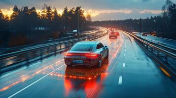 Rain soaked road illuminated by sunset, showcases an autonomous vehicle utilizing smart technology and connectivity to enhance mobility and traffic flow in an urban environment. photo