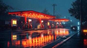 A vibrant electric vehicle charging station lights up the night with bright neon displays reflecting on wet pavement, emphasizing the shift towards renewable energy and enhanced mobility options. photo