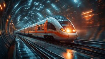 A smart train travels swiftly through a vibrant, illuminated tunnel, utilizing advanced technologies for automation and efficient logistics in transportation infrastructure. photo