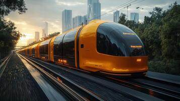 A cutting edge smarttrain operates on sleek tracks against a backdrop of a modern skyline, showcasing advancements in logistics, mobility, and autonomous transport technology. photo