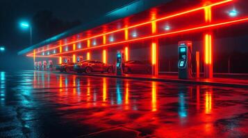 Advanced electric vehicle charging station, showcases sleek design and atmospheric lighting while vehicles wait to be charged in a modern urban setting during night time. photo