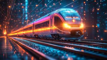 A futuristic smarttrain glides smoothly on illuminated tracks at night, illustrating the integration of AI and automation in modern transportation systems. photo