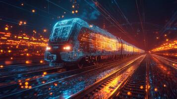 A futuristic smarttrain showcases advanced automation and AI control systems, symbolizing the future of logistics and transportation with enhanced mobility on a vibrant track. photo
