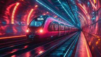 A smarttrain moves swiftly through a vibrant tunnel characterized by glowing lights and modern infrastructure, emphasizing advancements in transportation and mobility technology. photo