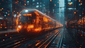 A smarttrain equipped with advanced automation technology moves through a vibrant urban environment illuminated by glowing digital patterns. photo