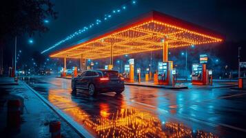 A sleek car approaches a bright electric vehicle charging station at night. Rain creates reflections on the ground, highlighting the innovation in infrastructure and renewable energy. photo
