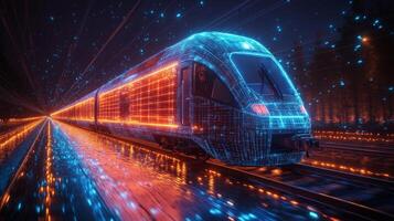 High tech smarttrain gliding through a futuristic landscape illuminated by vibrant lights, showcasing advanced automation and AI for efficient mobility solutions in urban transportation. photo